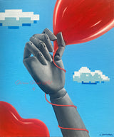 Fine art print of a mannequin hand holding a heart-shaped balloon against a sky blue background with pixelated clouds.
