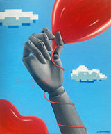 White glossy ceramic mug with original art "The Game" depicting a mannequin hand holding a red balloon against a sky blue background with floating pixelated clouds.