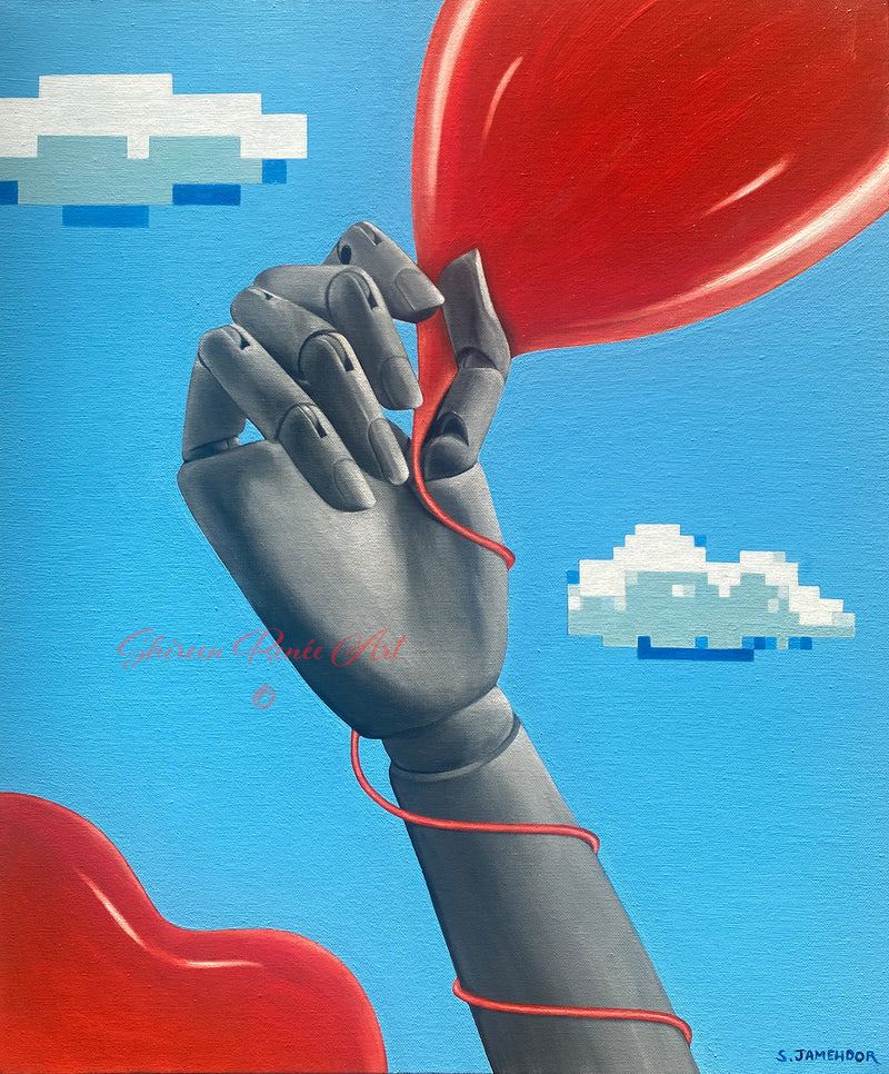 Original contemporary oil painting depicting a wooden mannequin hand holding a bright red heart-shaped balloon against a sky blue background with pixelated clouds.