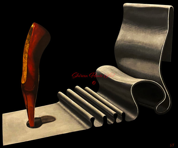 Surreal still life artwork by Shireen Renee, featuring a red and gold ballet slipper piercing a metallic gray, folded chair against a black background. Fine art, surrealism, sculptural art.