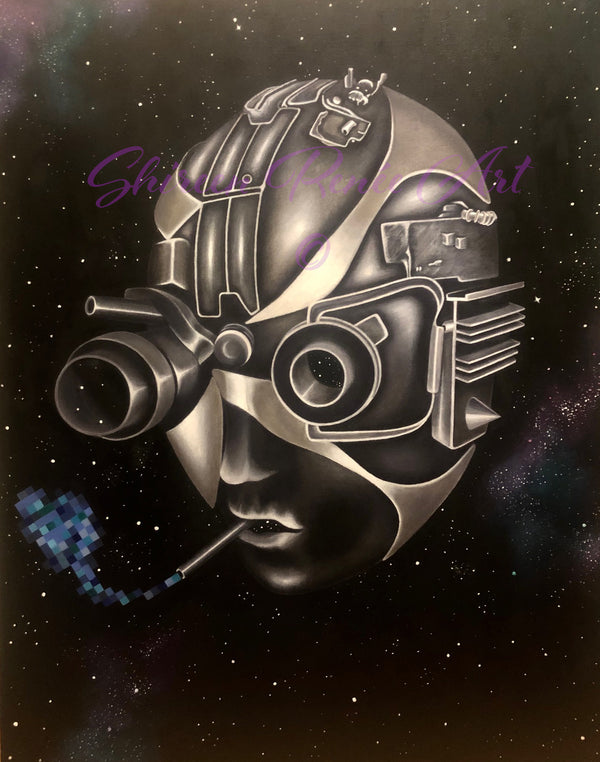 "Tin God" artwork by Shireen Renee, featuring a metallic robotic head with goggles and cigarette against a starry space background. Surreal oil painting, sci-fi illustration, detailed rendering, dark background.