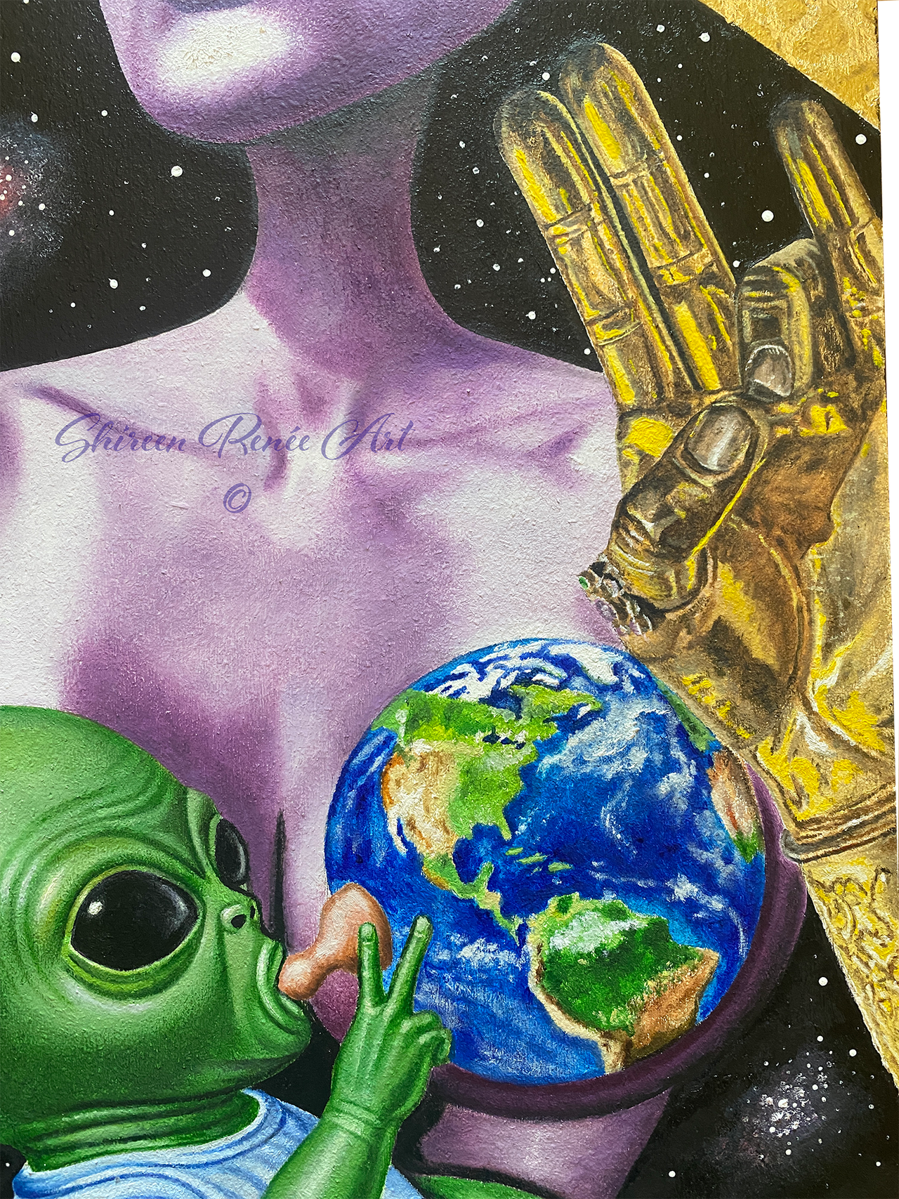 An oil painting of a green alien suckling a teat coming out of the earth. The alien is being held by a  purple female mother figure. The purple figure is holding up a golden hand with the Apana Mudra. Original oil painting by Shireen Renee Jamehdor.