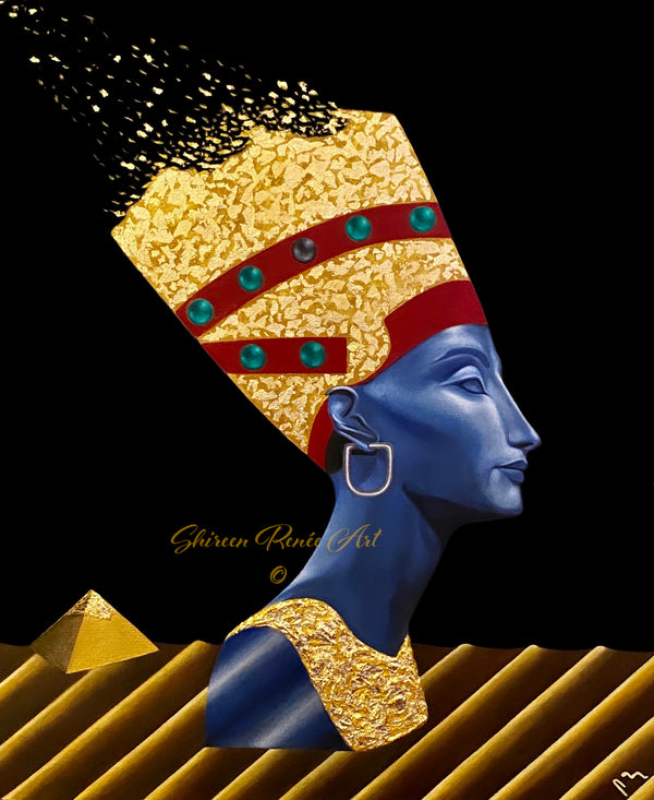 Original contemporary surrealism art depicting the statue bust of Queen Nefertiti in profile, wearing a gold leaf crown and collar against a black background.