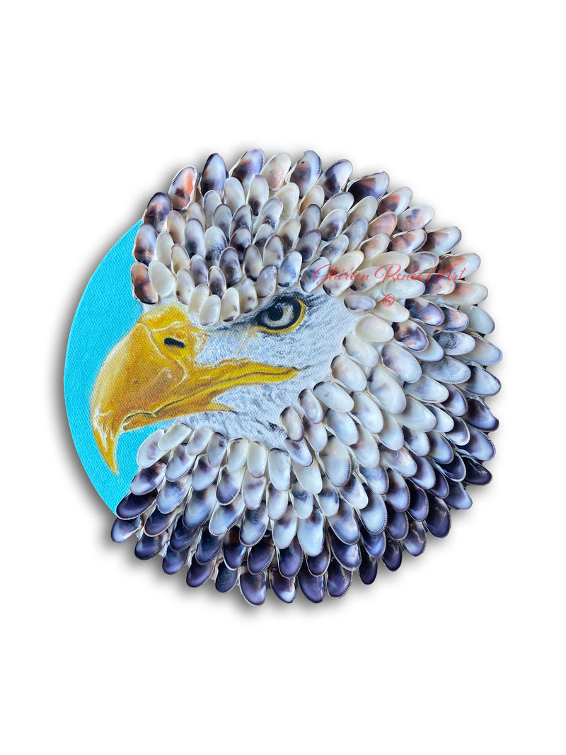 A close-up view of 'Bird of Prey,' an 8" mixed media artwork by Shireen Renee depicting the profile of a bald eagle head with a striking combination of oil-painted beak and eye, surrounded by textured coquina shell feathers.