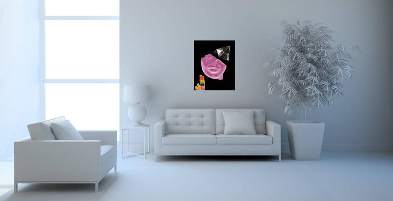 "Brain Damage" is an original oil on canvas painting by Shireen Renee inspired by the music of Pink Floyd. The painting depicts rainbow-painted fingers in the bottom left corner, a pink Egyptian sculpture in the center and a crystal pyramid in the upper right corner, against a black background. The artwork is hanging on a white wall in a modern living room space above a white couch.