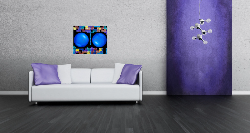 Oil on canvas original painting inspired by vintage game, Tetris, featuring two large blue orbs surrounded by colorful Tetris blocks on a black background.