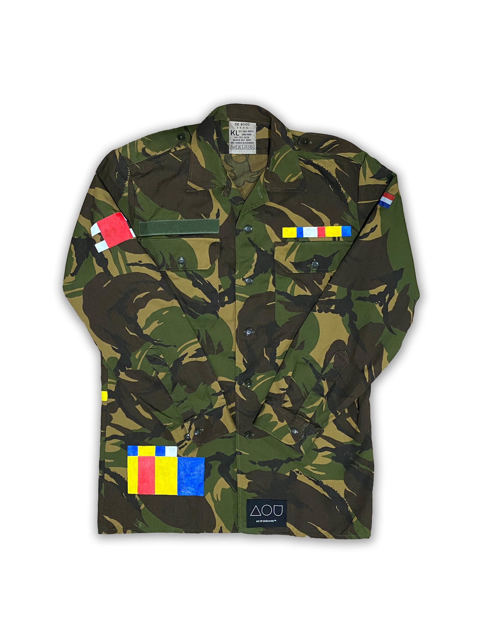 Vintage Dutch camo jacket hand-painted with Piet Mondrian's "Broadway Boogie Woogie."