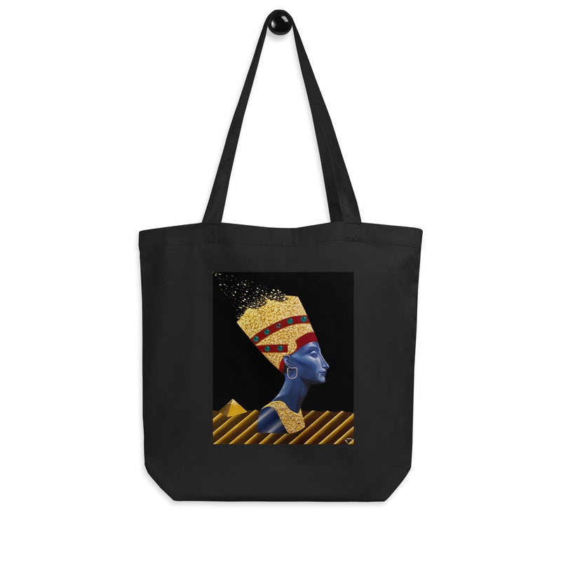 A black eco tote bag featuring Shireen Renee's original "Valley of the Queens" artwork of Queen Nefertiti.