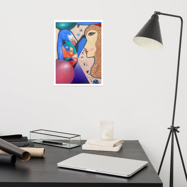 Contemporary surrealism fine art premium paper print depicting a portrait of a woman with a blue flamingo and colorful 3D shapes surrounding them.