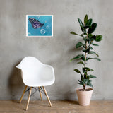 Fine art print of a butterfly with purple amethyst wings surrounded by bubbles against a sky blue background.