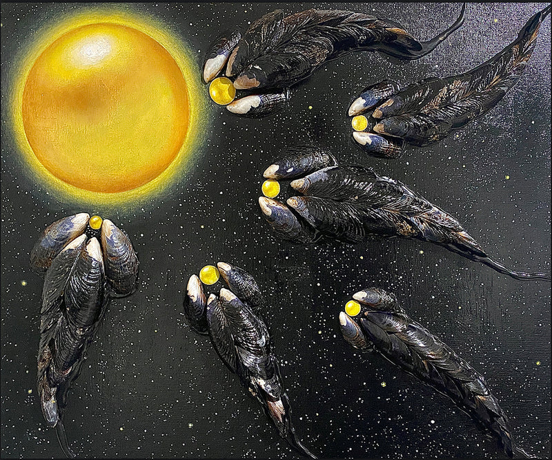 Contemporary surrealism mixed media art with mussel shells  that look like alien creatures floating towards a golden orb in space.
