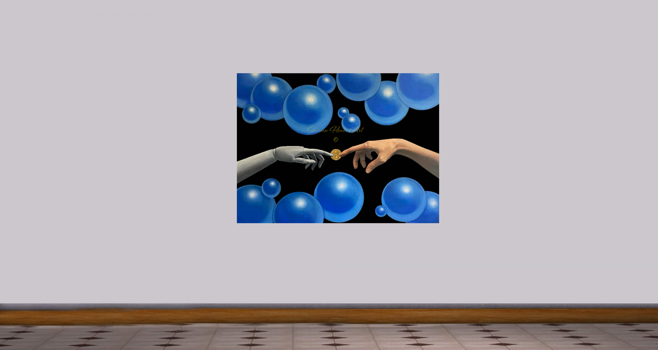 "Homo Deus" is a 36" x 48" oil on canvas painting by Shireen Renee depicting a human hand reaching out towards a non-human mechanical hand surrounded by bright blue bubbles against a black background. The painting is displayed on a plain white wall.