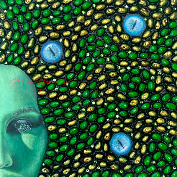 Original mixed media art featuring a self portrait of  Los Angeles artist, Shireen Renee as Medusa. The artwork is made from oil paint, acrylic paint, pistachio shells and rhinestones on wood panel done mostly in green hues with 3 blue snake eyes.