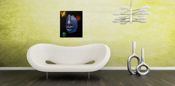 Original oil on canvas contemporary art painting depicting a broken Egyptian bust portrait of king Akhenaten floating in space with a sun, a green orb and a golden pyramid against a black background.