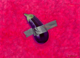 Fine art print of an eggplant duct taped on a hot pink background.