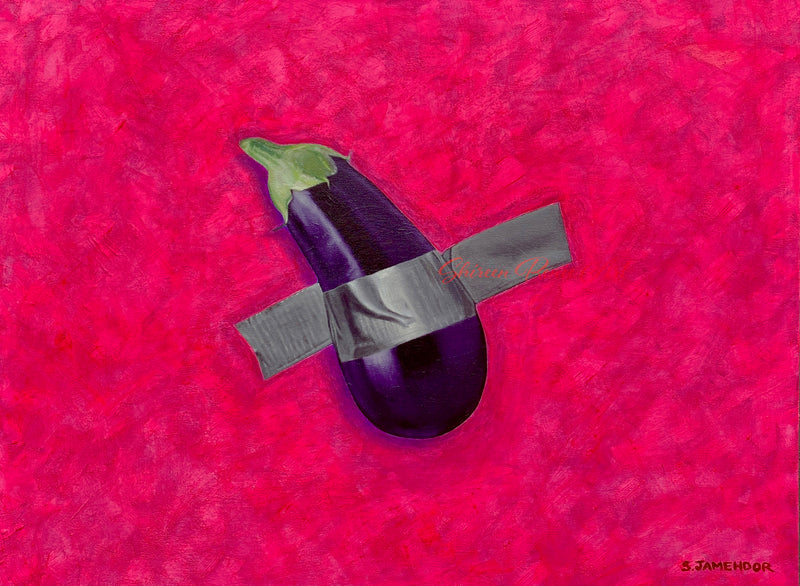 "BAE: Big Art Energy" is an original oil painting by emerging Los Angeles artist Shireen Renee, depicting an eggplant duct taped to a hot pink wall.