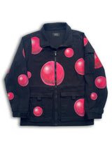 Art Of Uniformity hand-painted black organic brushed cotton jacket with floating 3D pink bubbles all over. Artwork by Los Angeles artist, Shireen Renee.