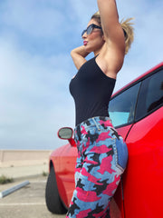Art Of Uniformity custom hand-painted hot pink and black camo print on gently used True Religion jeggings by Shireen Renee.