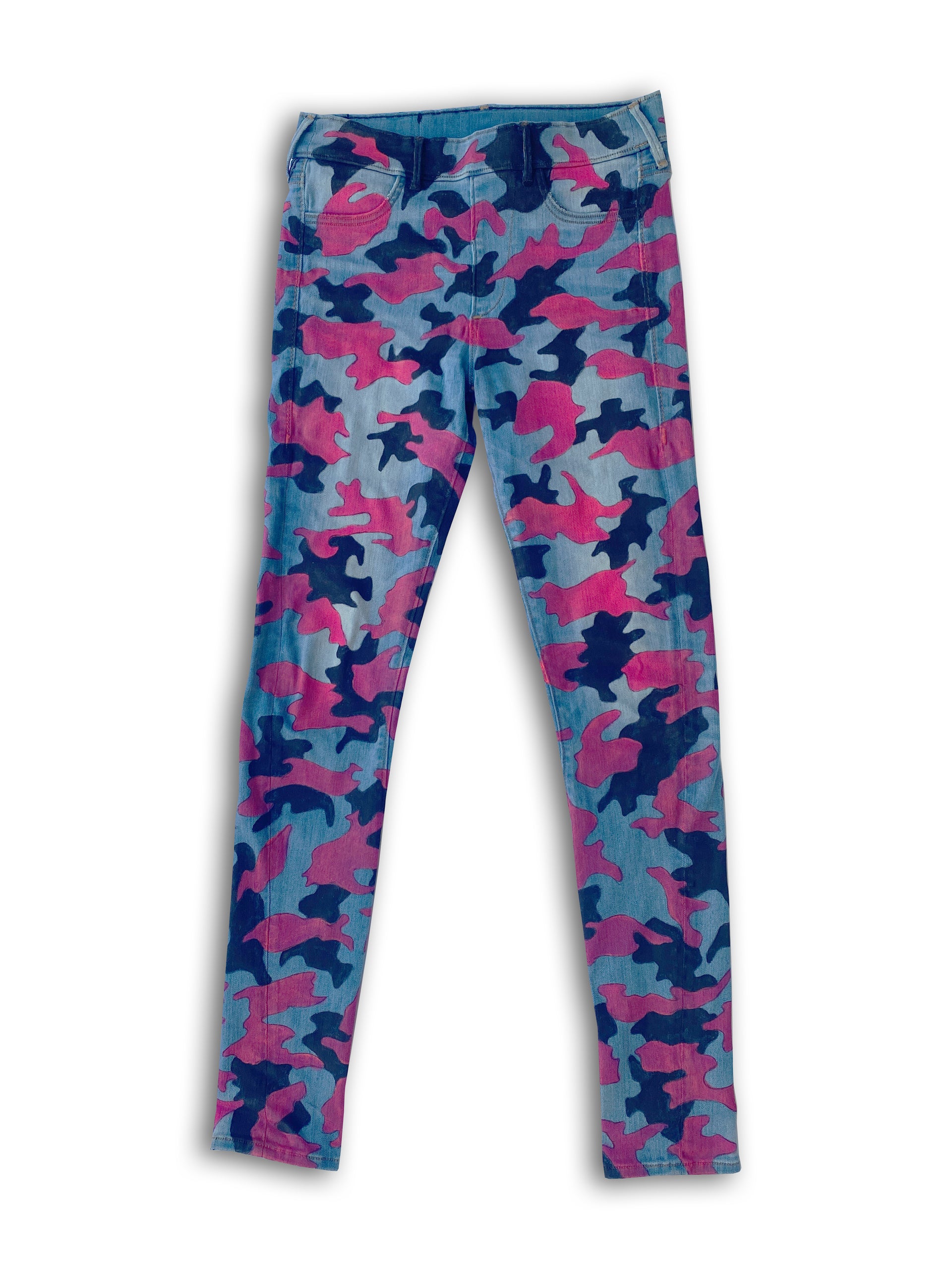 Art Of Uniformity custom hand-painted hot pink and black camo print on gently used True Religion jeggings by Shireen Renee.