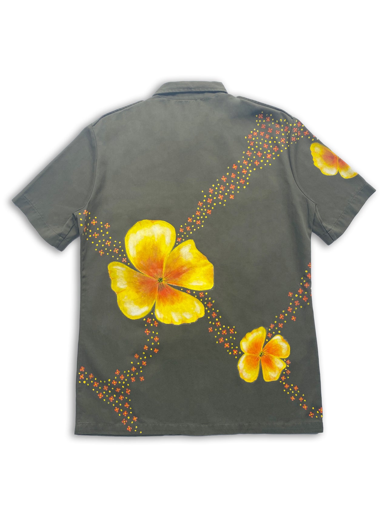 Vintage French 90's button down army shirt in olive green with large hand-painted orange-yellow poppies on the front and back.