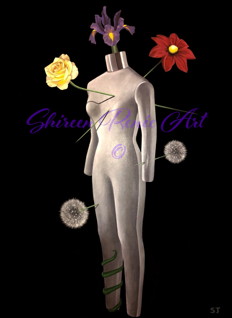 Original oil painting on canvas depicting a female mannequin with a yellow rose piercing the heart, a red dahlia piercing the back, a purple lily sprouting from the head and a dandelion piercing the arm and leg on a black background. Artwork by emerging Los Angeles artist Shireen Renee.