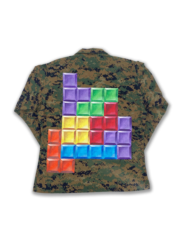 American digital camo jacket with giant Tetris blocks hand-painted to the back of the jacket.