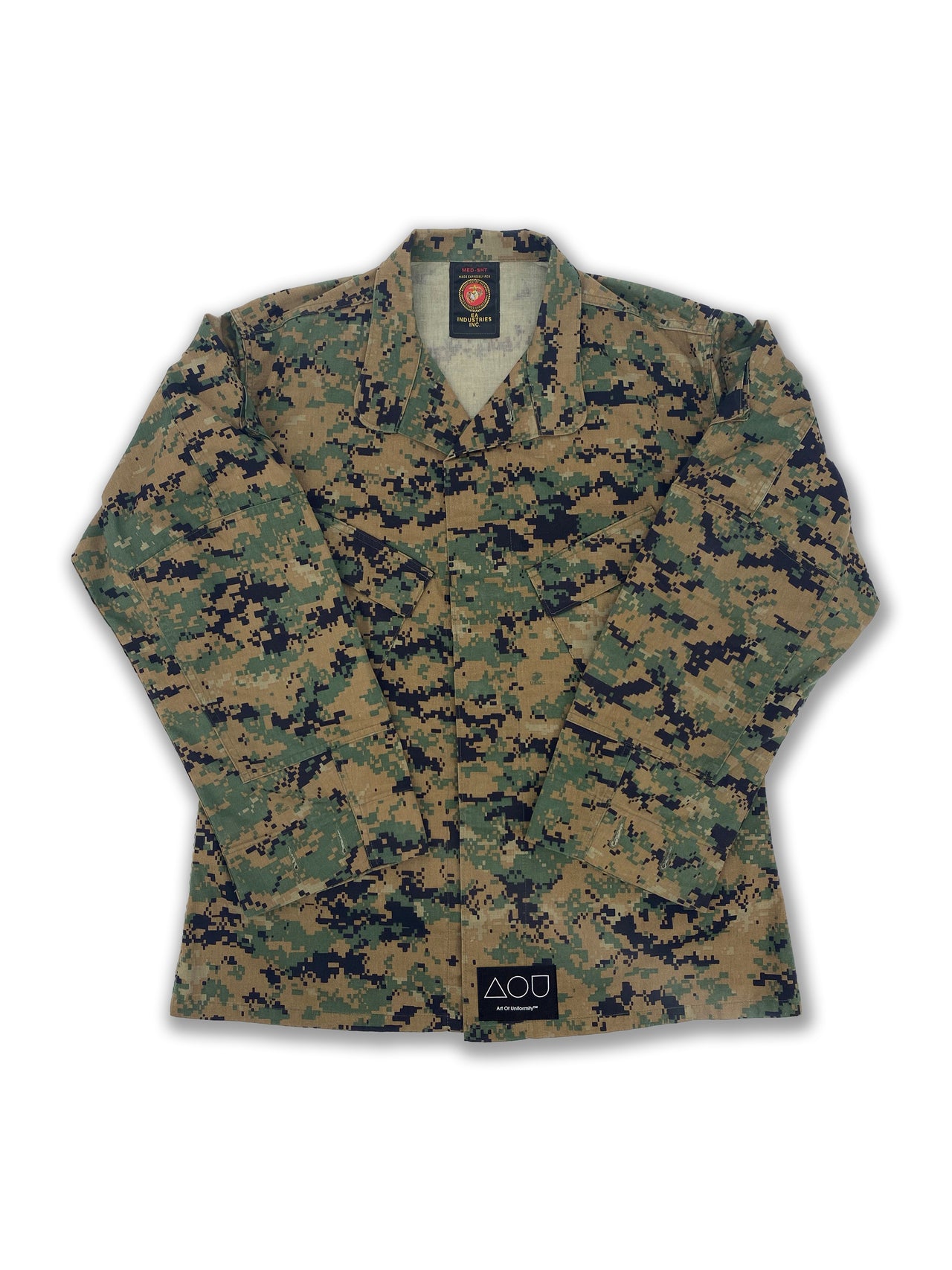 American digital camo jacket with giant Tetris blocks hand-painted to the back of the jacket.