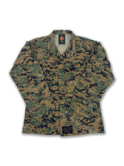 American digital camo jacket with giant Tetris blocks hand-painted to the back of the jacket.