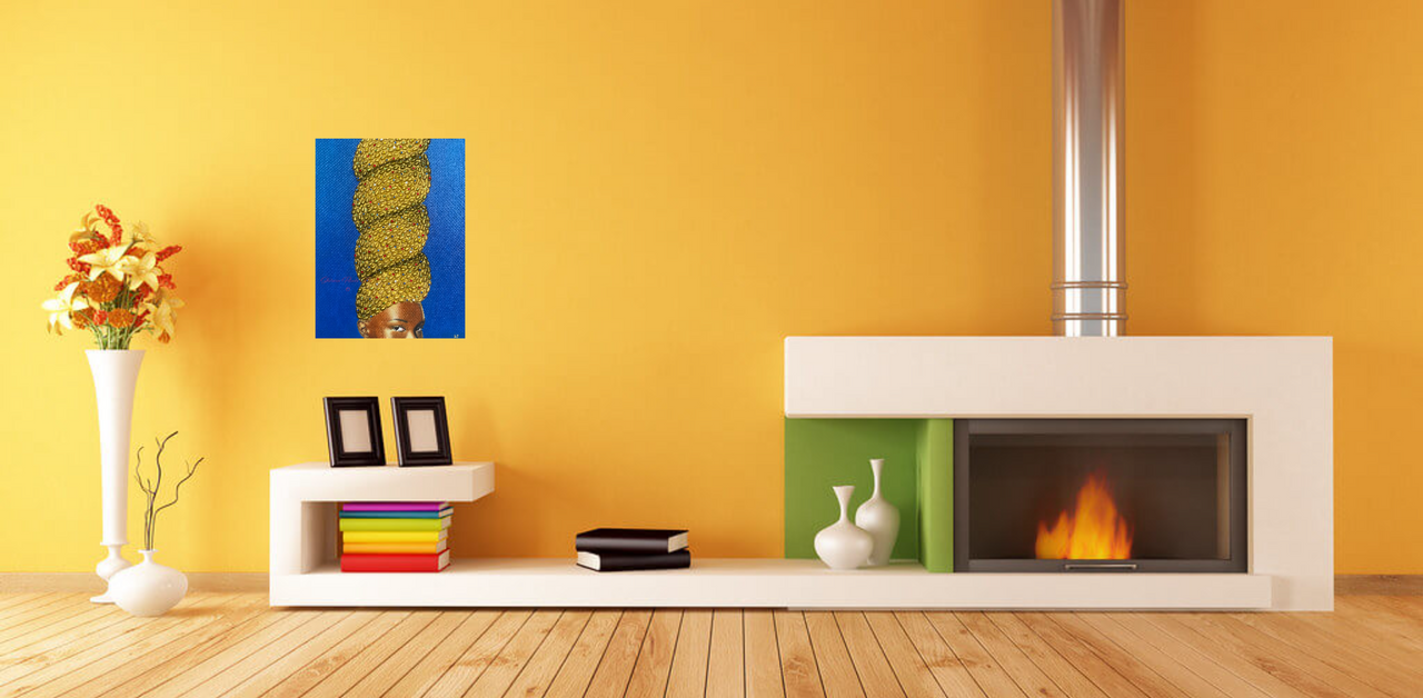 Original contemporary mixed media art by Shireen Renee depicting a portrait of a beautiful African woman wearing a tall golden crown of hair made with pistachio shells and multicolor rhinestones against a bright blue background. The art is hanging in a modern living room on a bright orange wall next to a fire place.