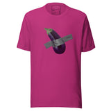 Unisex cotton t-shirt in a berry pink color that has the duct-taped eggplant from Shireen Renee's "BAE" original artwork.