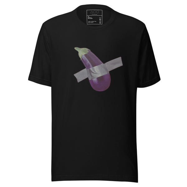 Unisex cotton t-shirt in black that has the duct-taped eggplant from Shireen Renee's "BAE" original artwork.