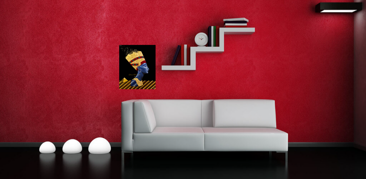 Original contemporary surrealism art depicting the statue bust of Queen Nefertiti in profile, wearing a gold leaf crown and collar against a black background.