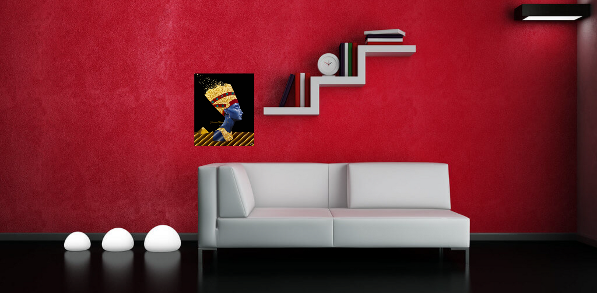 Original contemporary surrealism art depicting the statue bust of Queen Nefertiti in profile, wearing a gold leaf crown and collar against a black background.