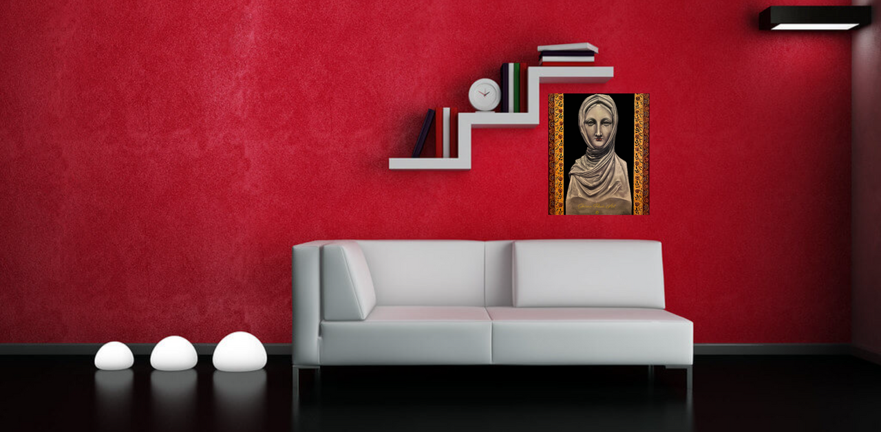 Original contemporary oil painting depicting a stone bust portrait of a woman wearing a chador. The woman is in greyscale with red lips, and she is framed with a Persian rug floral design motif.